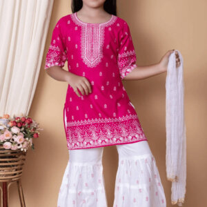 Girls Midi/Knee Length Festive/Wedding Dress (Pink, Half Sleeve)